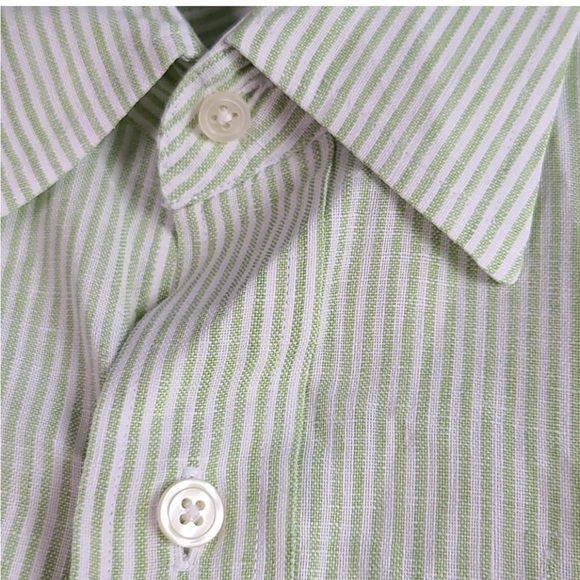 J. Crew Linen Long Sleeve Green Stripe Button down Shirt sz L - Picture 3 of 11